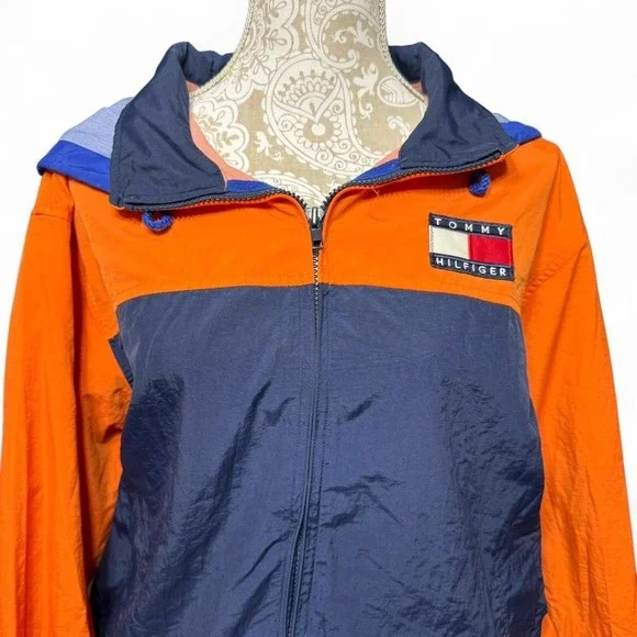 90s Vintage Tommy Hilfiger Colorblock Blue and Orange Windbreaker Streetwear - Picture 3 of 8